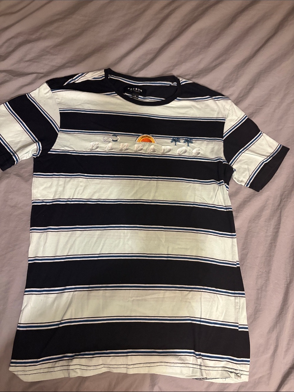 Pacsun NeW Striped Black and White Crewneck Tee with Embroidered Sun